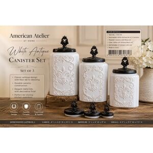 American Atelier White Antique Ceramic Canister Set 3 Piece Fleur-de-lis 1182139